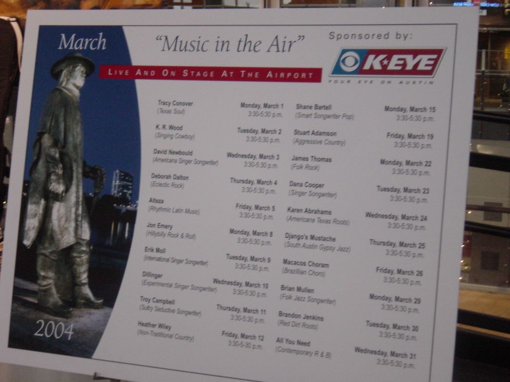 
The March list of live music for the Austin Airport.  Yeah, the Airport.
