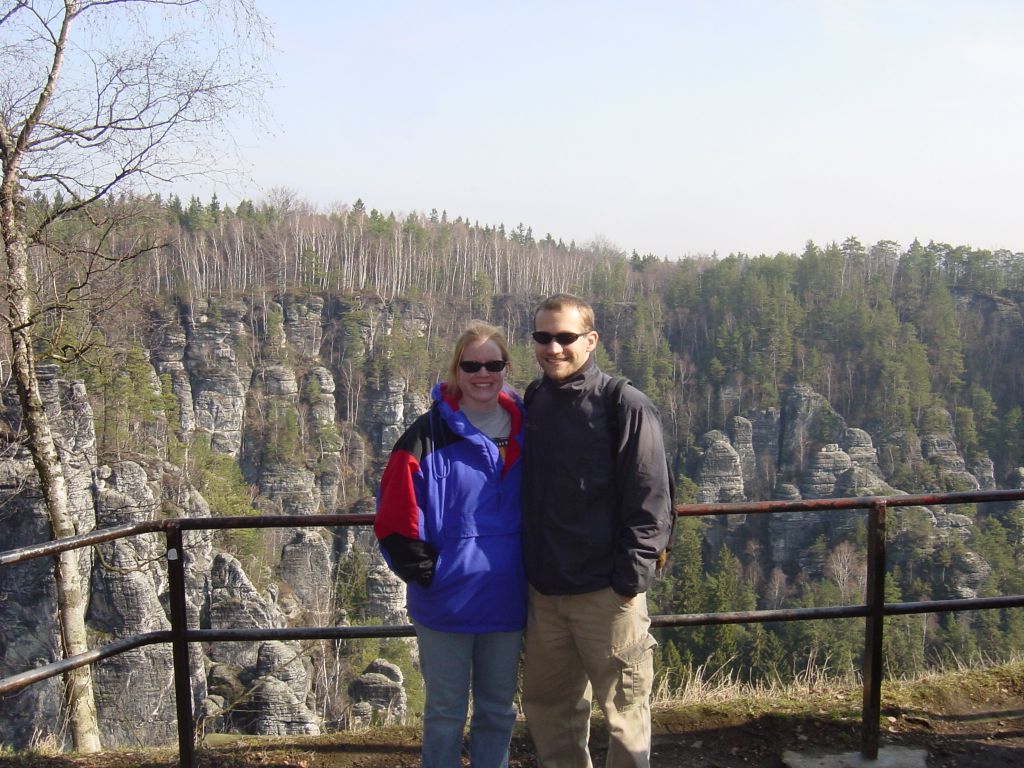 

Sunday we went to Sachsische Schweiz (Saxon Switzerland) National Park.
It's very near Dresden.  We went to one of the more famous parts, Bastei.
The river below is the Elbe, the same one that goes through Dresden (and Prague).
