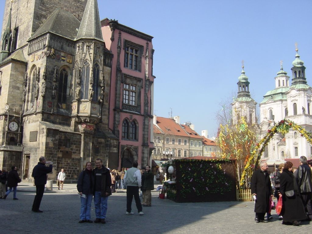 

Rick and Kara in front of a church in Prague.  It had a fancy clock.

