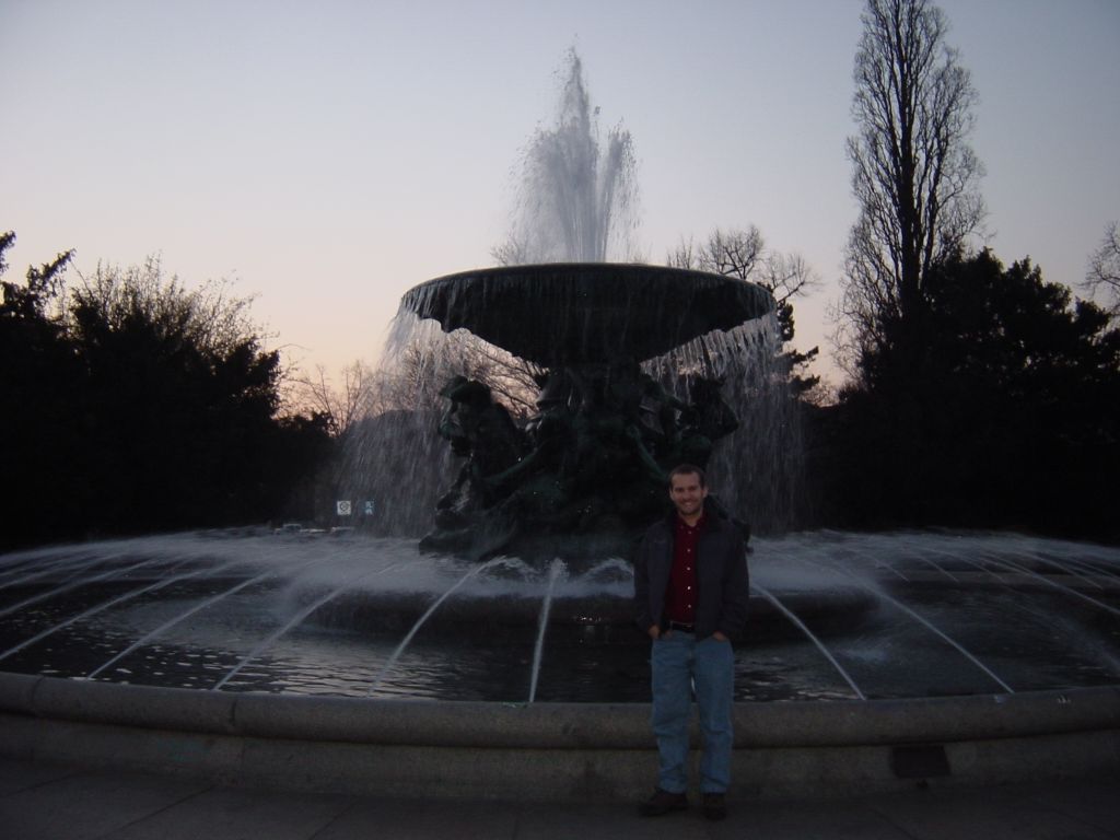 

Rick in front of a fountain that has just turned on for the spring.

