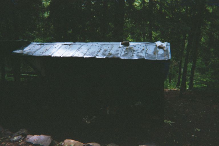 
Rock Gap Shelter, where my supply point was.  There are some people in
the shelter: Mogely (a mangy dog) who was with three guys who were off from
college and in to music.  Big Foot was also there.  Also, some guy who worked
for IBM.  But my camera has no flash and so you can't see them.  We had fun
eating pineapple and drinking stove fuel mixed with pineapple juice (don't
worry; the stove fuel was Golden Grain).
