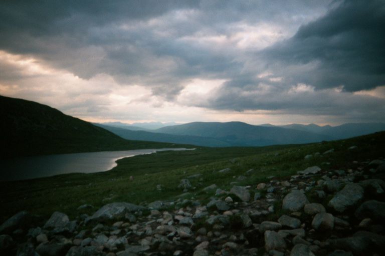 
Another (higher) view of the mountain loch with background mountains.
