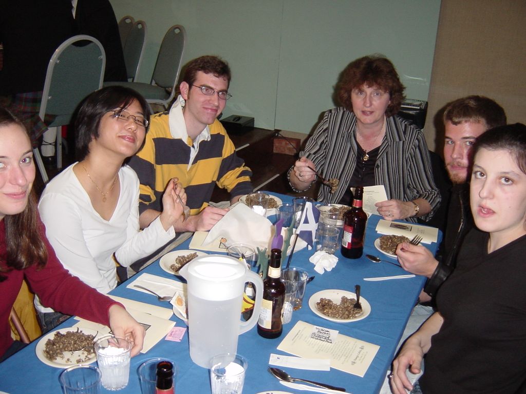 

All the people from the Burns Supper.  Sorry about cutting off half of Katie's face.  Note that everyone is enjoying their haggis.
